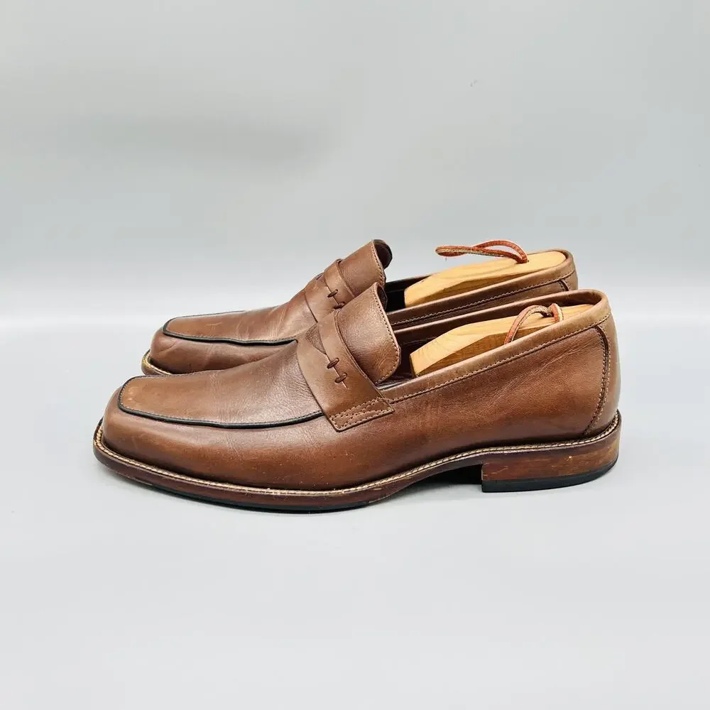 Johnston & Murphy Shoes Mens 9 Brown Leather Slip On Penny Loafer Square Toe